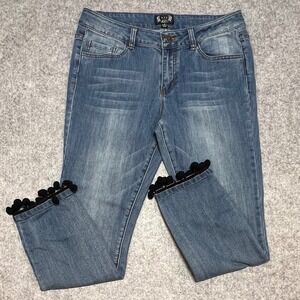 AZI New York Women Medium Wash Pom Pom Trim Cropped Slim Jeans Size 4